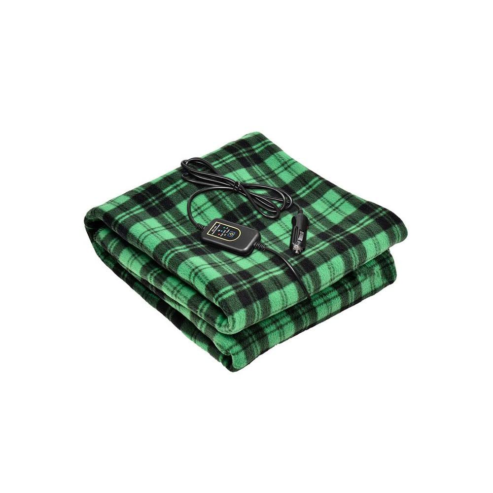 Amazingforless Plaid 12V Heated Fleece Car Blanket With Controller For Timer & Heat Levels Plaid Electric Car Blanket (Green Plaid)