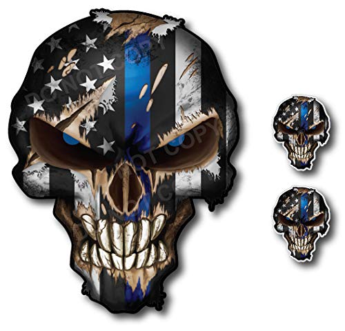 3 Pack Thin Blue LINE Skull American Flag Police Officer Blue Lives Matter Sniper Vinyl Decal Stickers Car Truck Sniper Marines 
