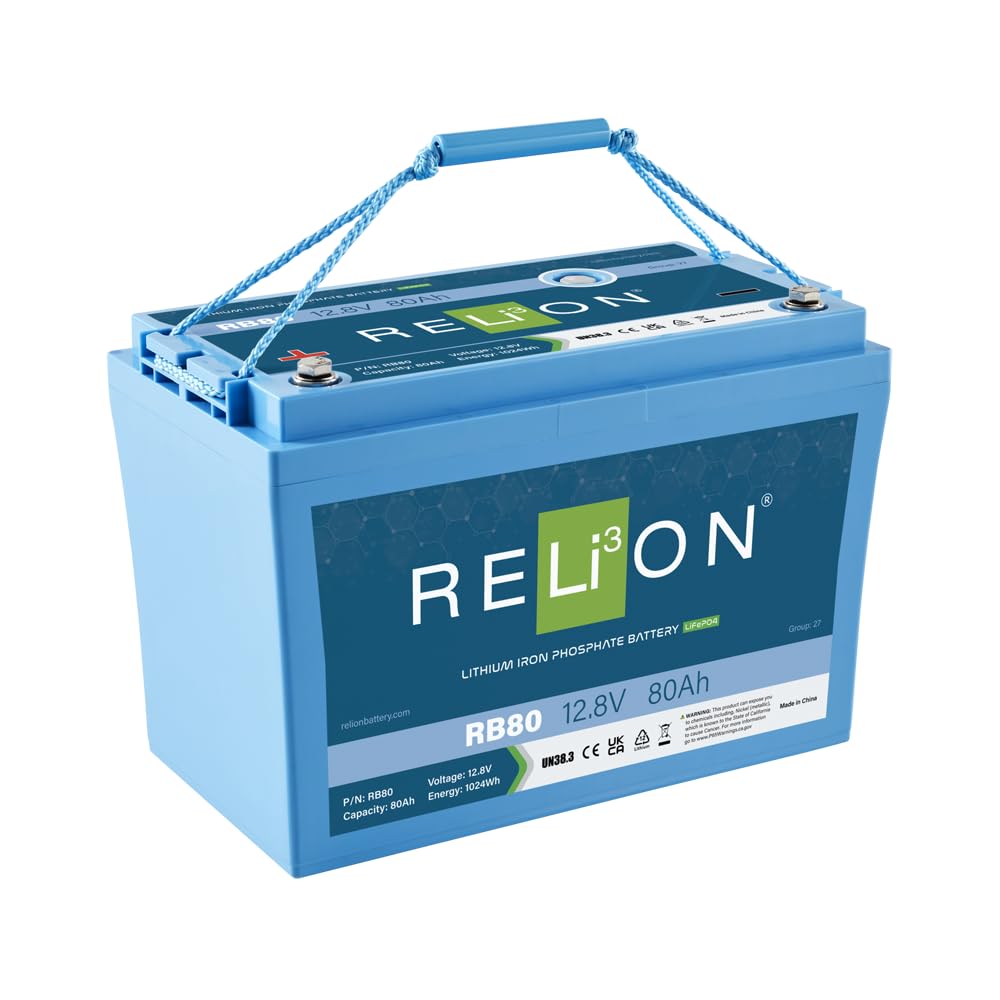 Relion Rb80 | 12V 80Ah | Lifepo4 Lithium-Ion Battery | Group 27 | 3500~5000 Cycles | Waterproof (Ip67 Rating) | 10 Year Warranty | Perfect For Boat, Kayak, Trolling Motor, Rv, Solar, Off Grid Etc.
