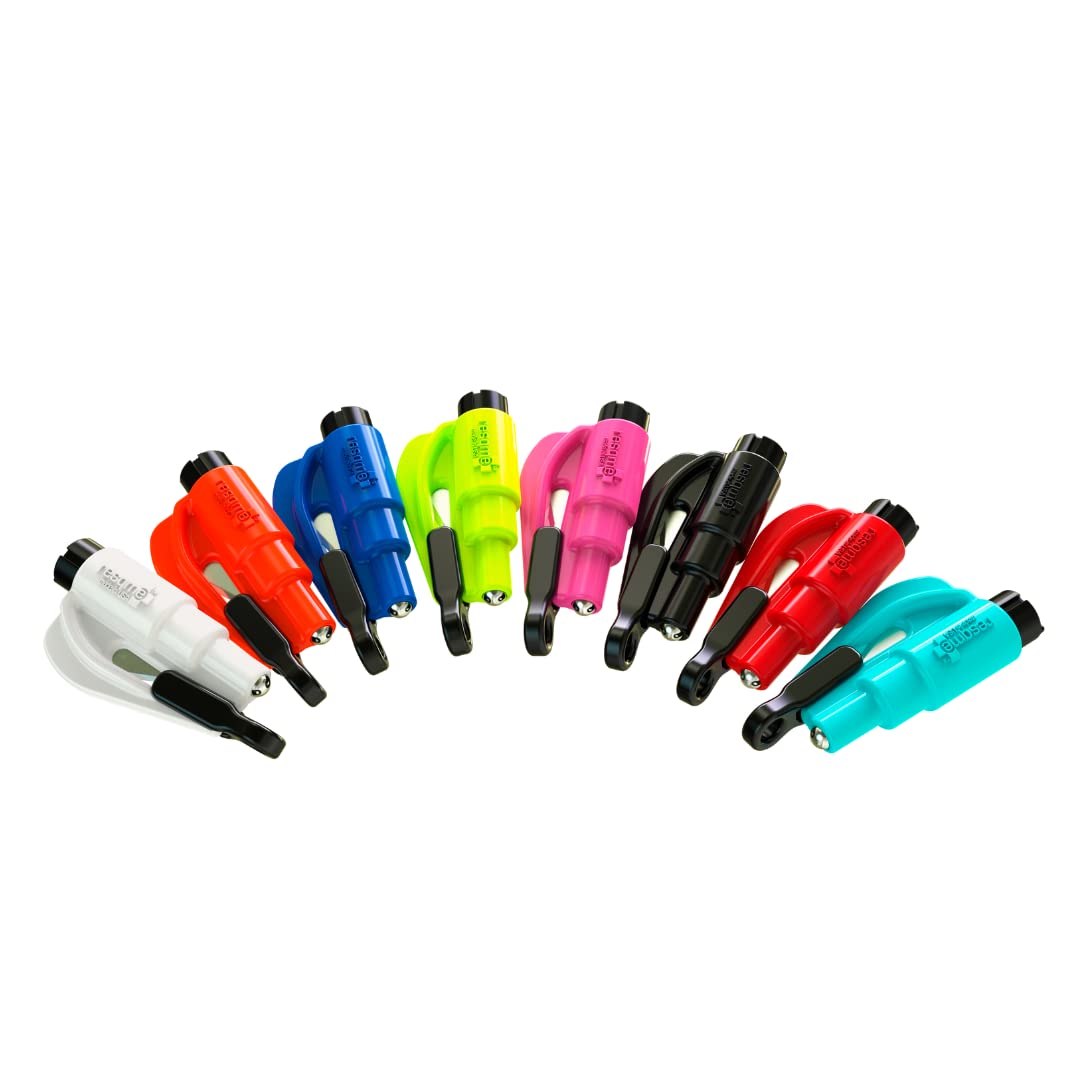resqme The Original Emergency Keychain Car Escape Tool, 2-in-1 Seatbelt Cutter and Window Breaker, Made in USA, Rainbow Pack 8 C