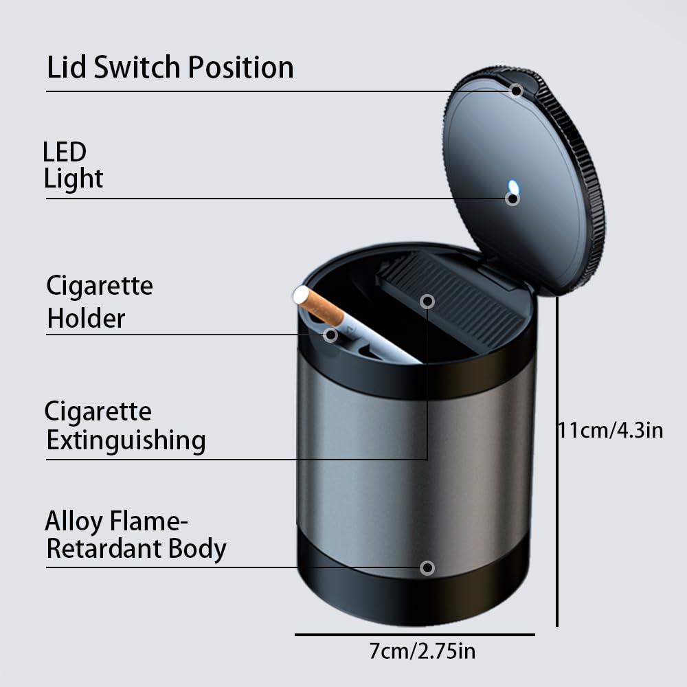 Tmengdao Smokeless Ashtray with Lid, Detachable Stainless Steel, LED Light, 11cm x 7cm, Grey, Model YHG02-2