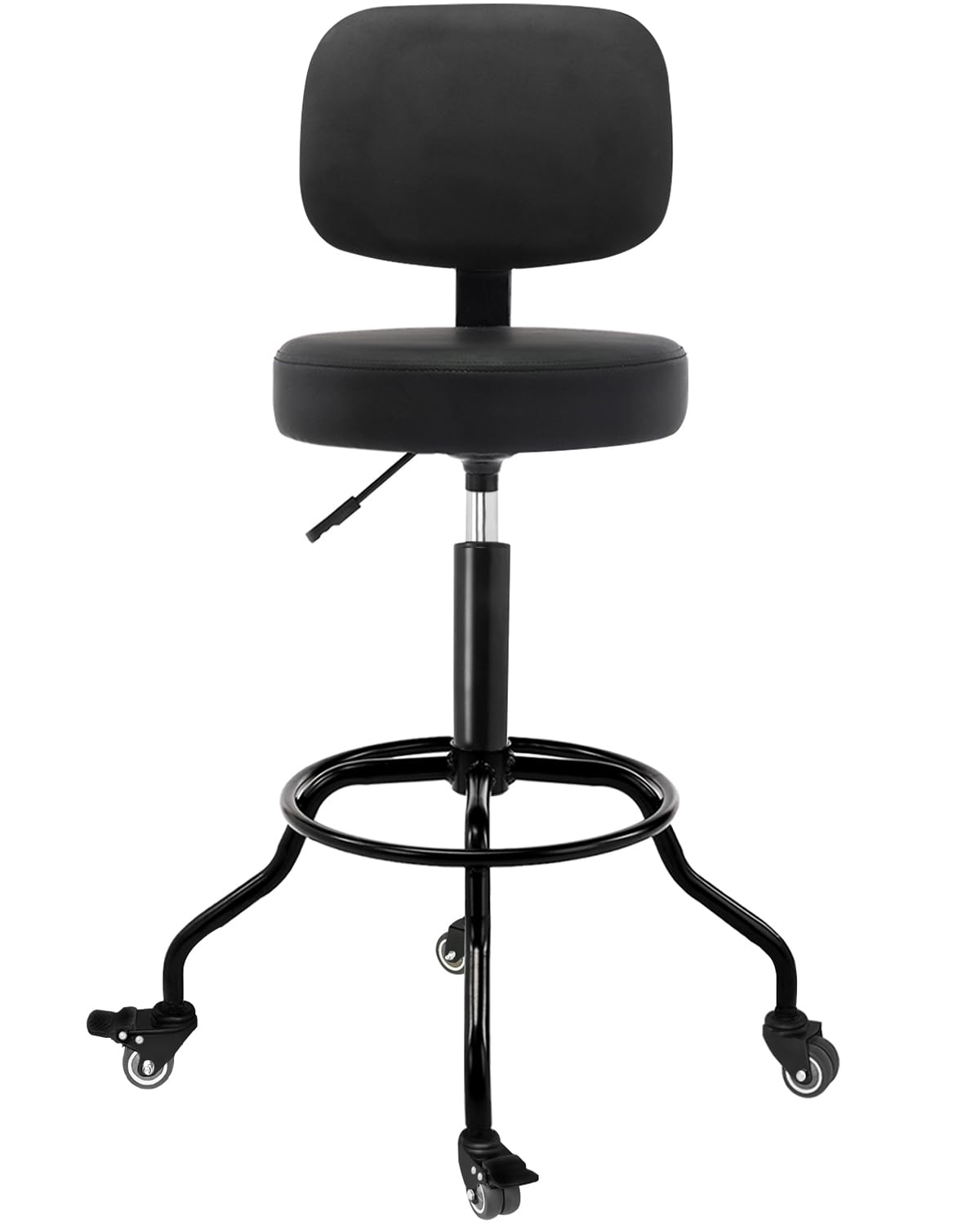 CoVibrant Heavy Duty Shop Stool with Ergonomic Backrest - Lockable Rubber Wheels & High Footrest, 360 Swivel, Adjustable Height 