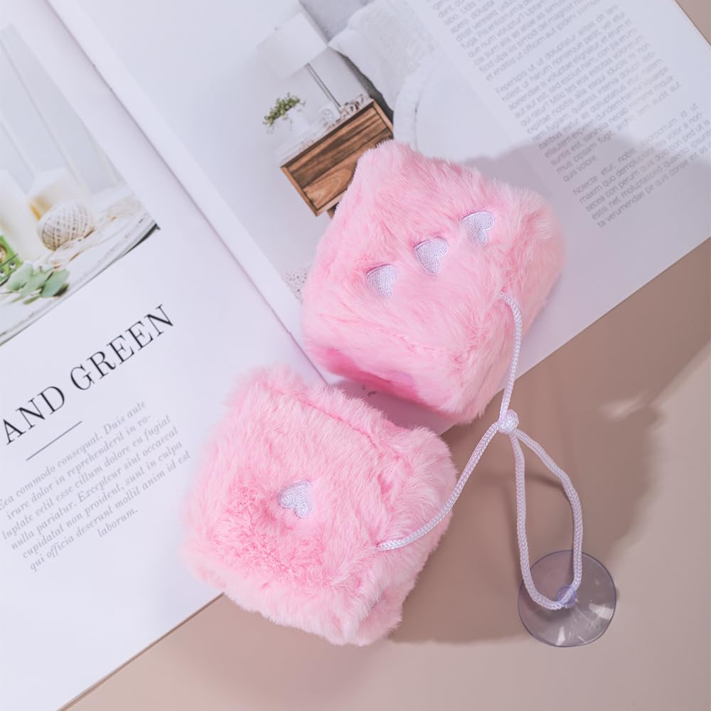 Heart Embroidered Baby Pink Fuzzy Plush Dice - 3-Inch Decorative Car Mirror Hanging Ornaments, Soft Foam, Easy Install, Great Gi