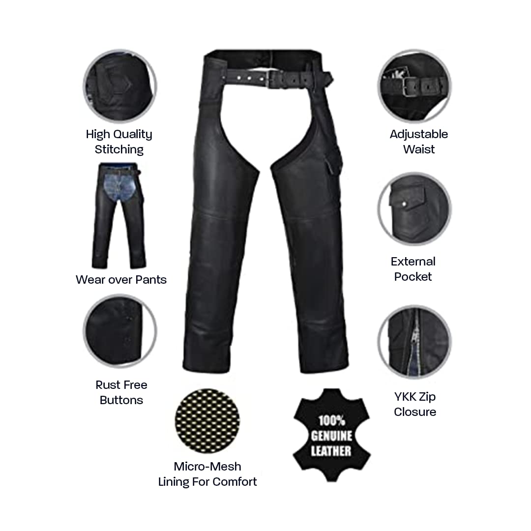 HWK Motorcycle Leather Chaps for Men & Women, 48" Long, Black, All-Weather Protection, Model C-1