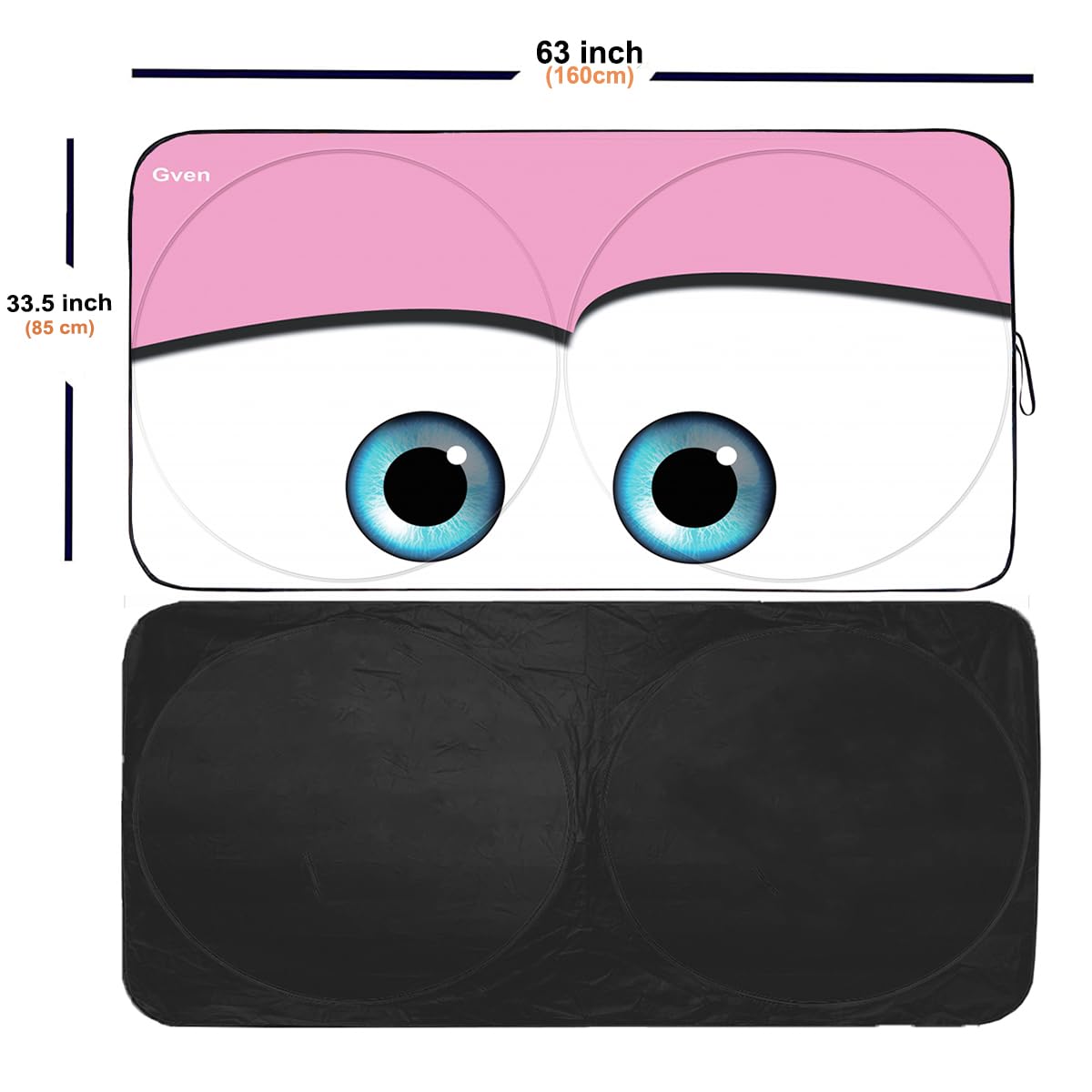 Gven Windshield Shade - Funny Car Eyes Sunshade, UV Blocker, Large Size, Pink