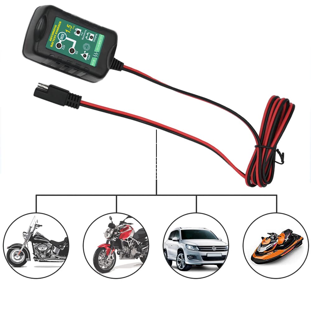 Unocho 6V 12V 1.5A Smart Battery Charger - Automatic Trickle & Float Charger for Car, Motorcycle, Lawn Mower, Boat, Snowmobile