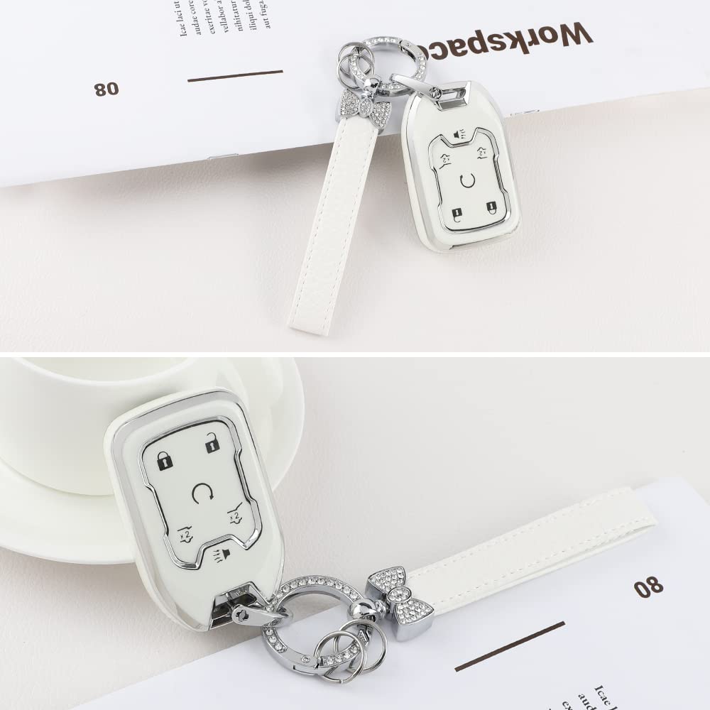 1797 Key Fob Cover for Chevy Tahoe Suburban GMC Yukon - TPU Bling Case, 6 Button, White/Silver, Type C