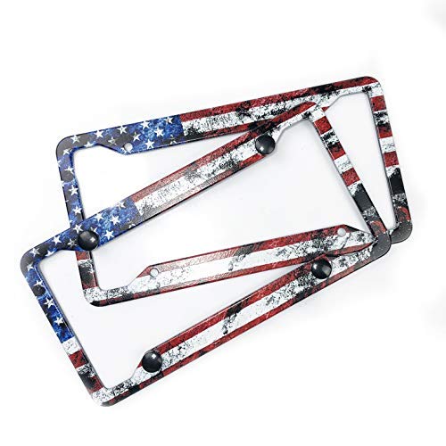 Exmeni 2 Pcs Custom Patriotic Usa License Plate Frame Quality Aluminum License Plate Cover American Flag Design License Plate Veteran Patriot Novelty License Plate Frame