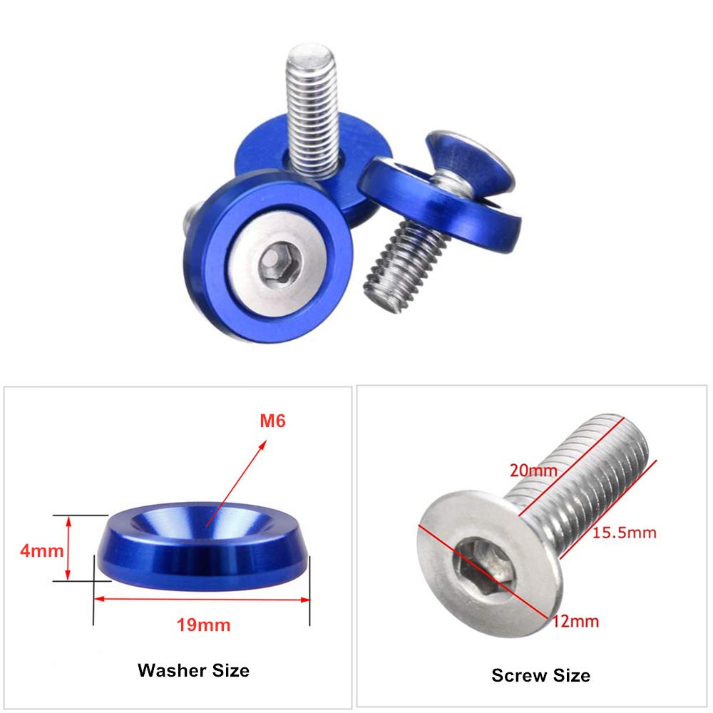 20Pcs Aluminum Fender Bumper Washers M6X20Mm Cnc Billet Bolt Engine Dress Up Kits (Blue)