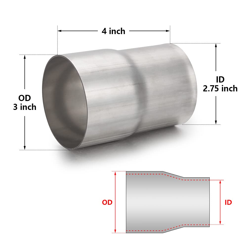 A-KARCK Exhaust Adapter Connector, 2.75" ID to 3" OD, 304 Stainless Steel, Silver, 4" Length