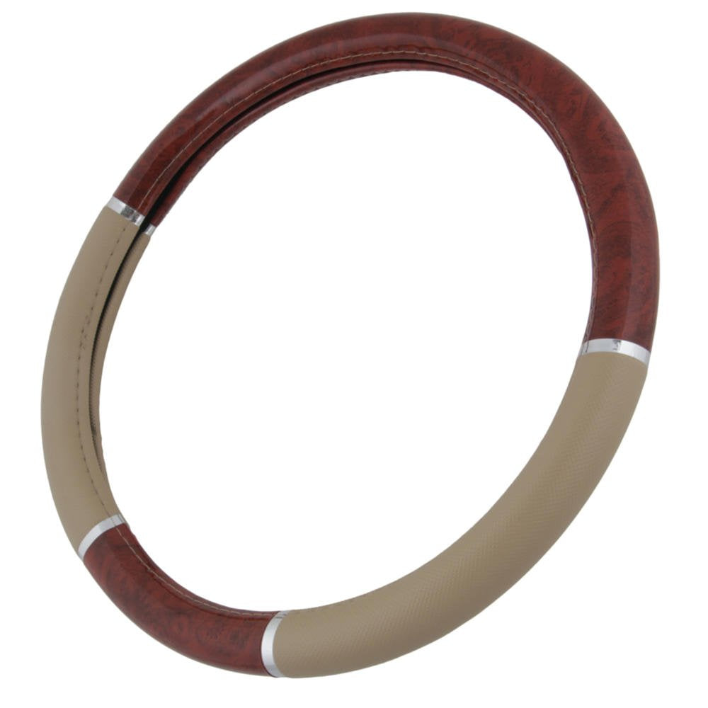 BDK Dark Wood Grain Steering Wheel Cover, 15" Universal Size, Beige Faux Leather Grip, Model SW-238-BG