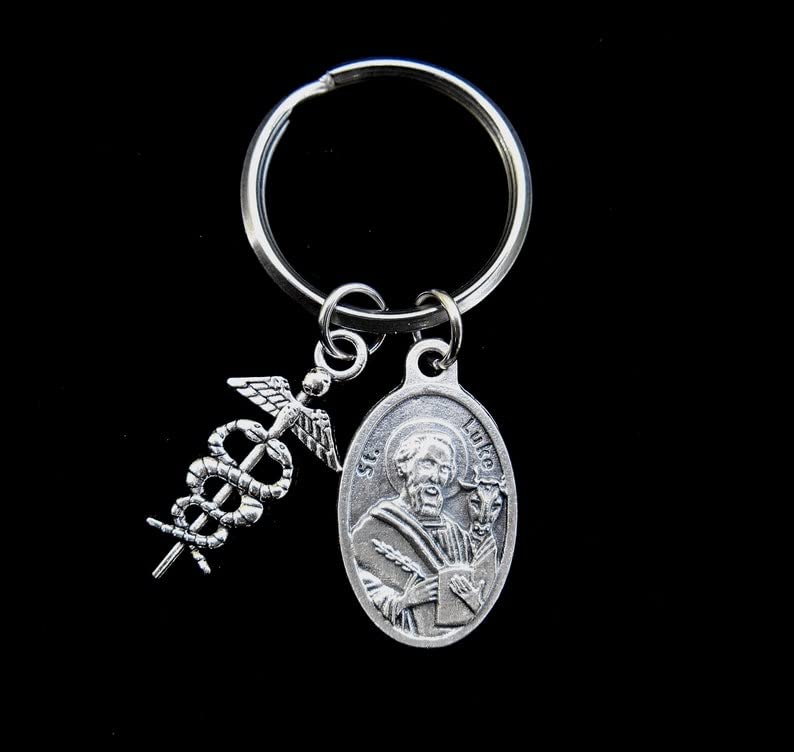 Generic Stainless Steel Keychain - Saint Luke, Patron Saint of Doctors, 1" Caduceus Charm