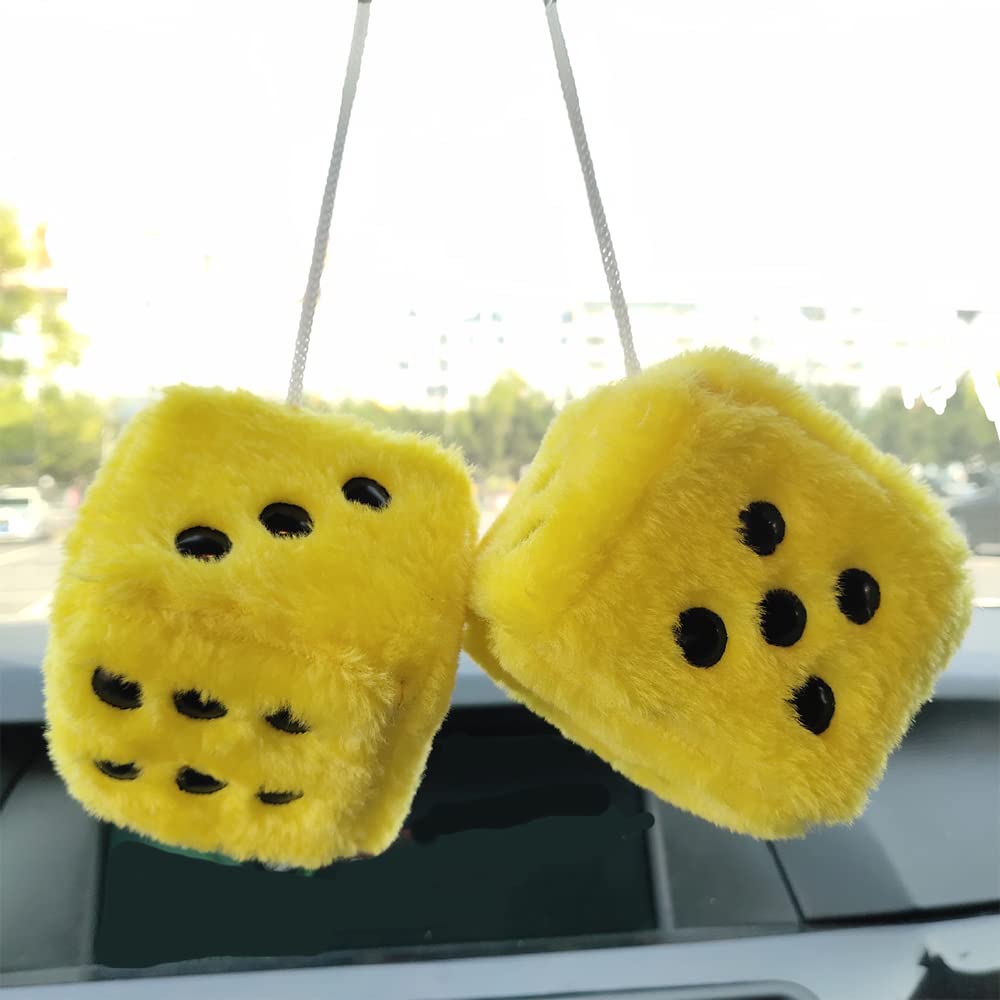 Fuzzy Plush Dice For Car Mirror, Pair Of Retro 3    Light Blue Dice With Black Dots For Car Interior Hanging Ornament Decoration