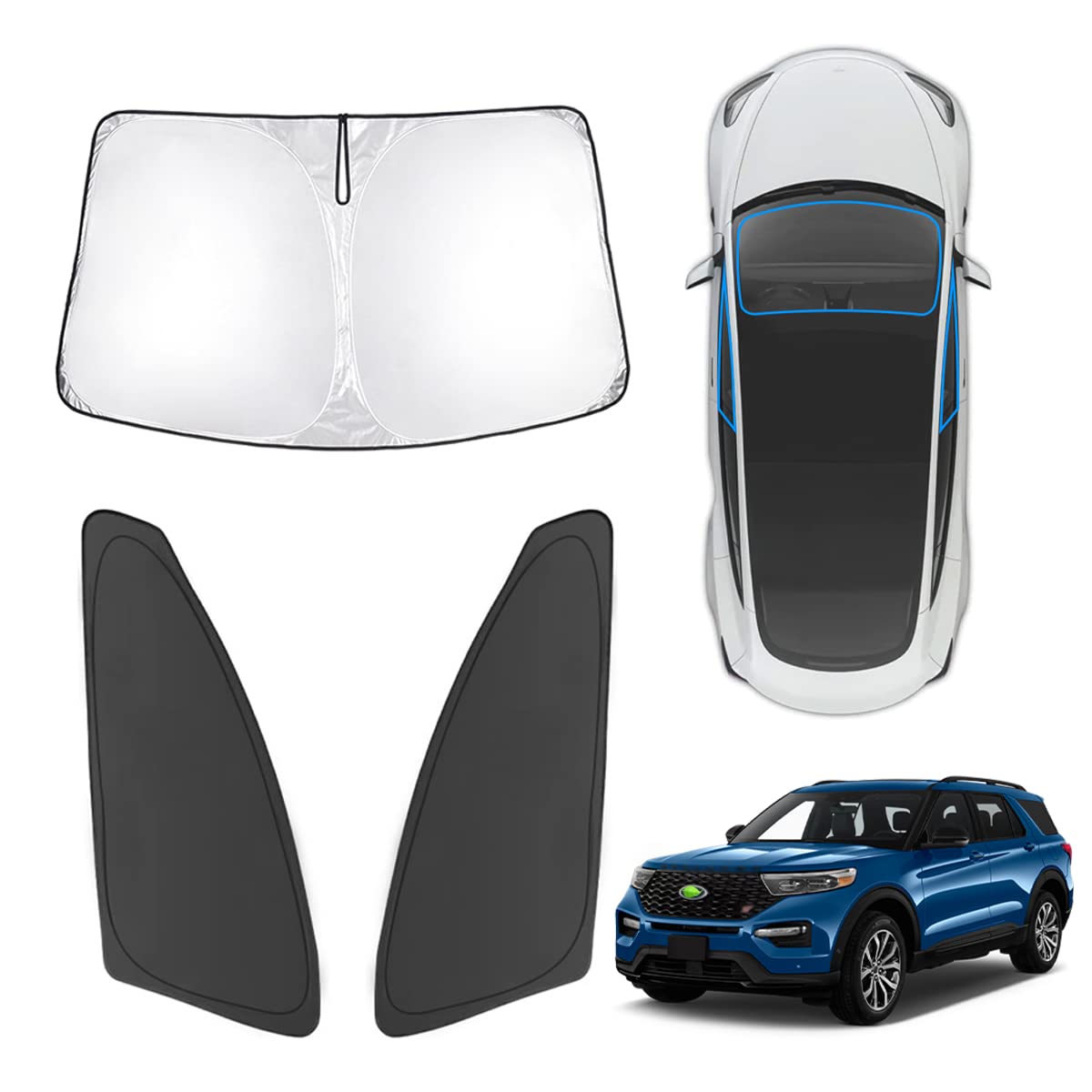 Karltys 3Pcs Windshield Sun Shade For 2020-2025 Ford Explorer, 210T Thickened Front And Side Window Sunshade Cover Custom Fit Ex