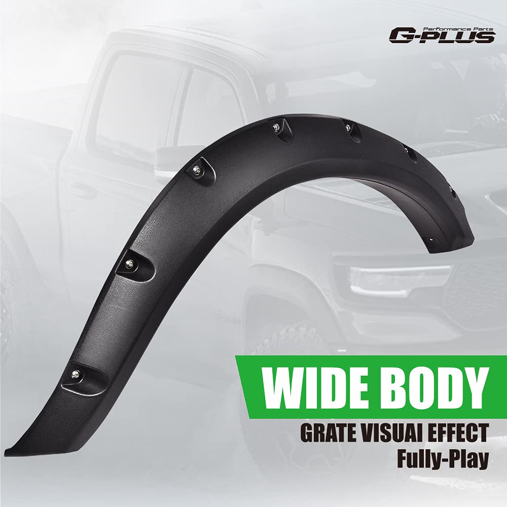 G-PLUS Fender Flares for 2009-2018 Dodge Ram 1500, Textured Black, Pocket Rivet Style, 4Pcs, Doesn't Fit R/T Models