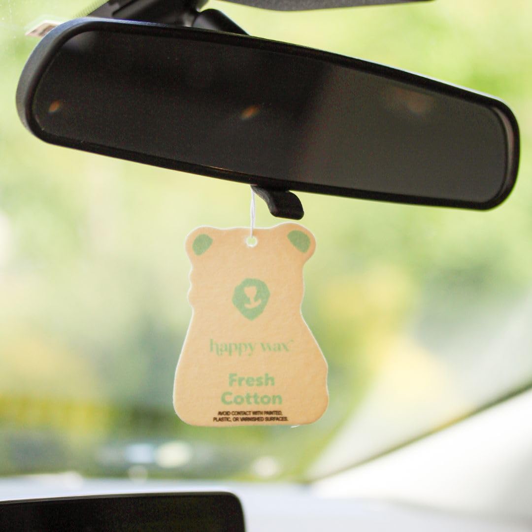 Happy Wax Fresh Cotton Hanging Car Cub Air Freshener - Scented And Infused With Natural Essential Oils - Cute 4-Pack