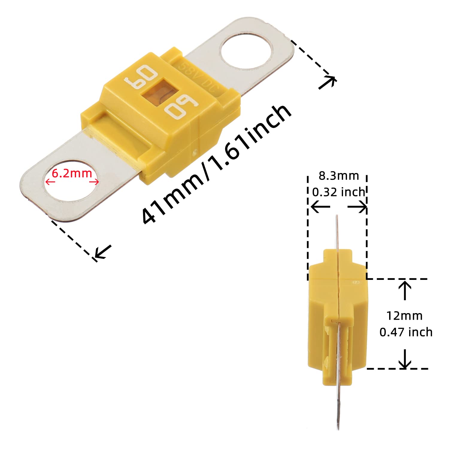 BOJACK 60 Amp Midi Fuse Holders & High Current Fuses - Pack of 2, Yellow, Model BJ-ANS-MIDI, Copper & Plastic Construction