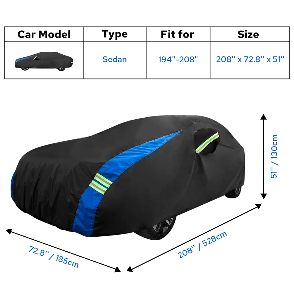 Avecrew Waterproof Car Cover for Sedan 194-208" - Heavy Duty All Weather Protection, Black-Blue, Model RZ-21-3XXL