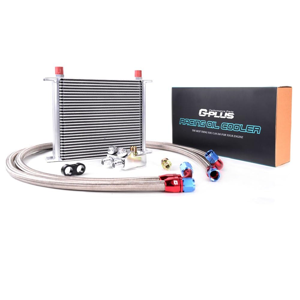 G-PLUS Universal 30 Row AN10 Silver Engine Transmission Oil Cooler Kit Oil Filter Adapter Hose Kit Aluminum
