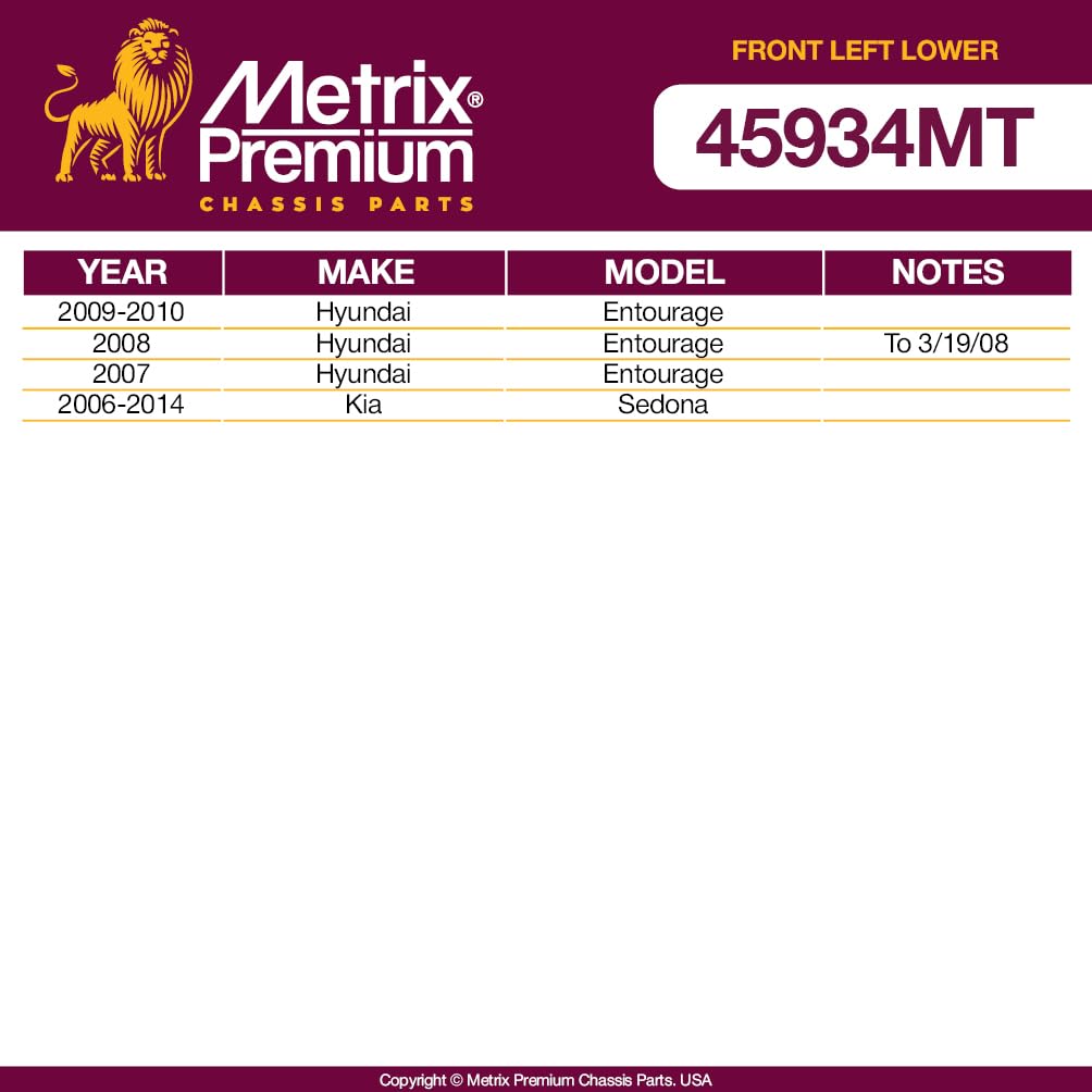 Metrix Premium Chassis Parts - Front Left Lower Control Arm W Ball Joint & Bushing Assembly Fits 2007-2010 Hyundai Entourage, 20