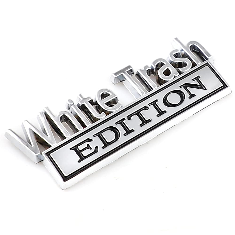 CARRUN 2 Pcs 3D Emblem Decal Stickers for Car, Truck, SUV - Metal, White Trash, 3.4” x 1.3”, Silver Black