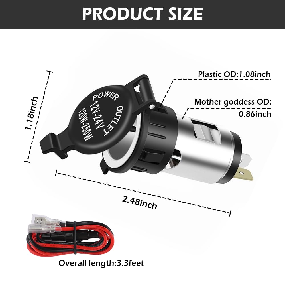 12V Cigarette Lighter Socket,Waterproof Car Power Outlet Cigarette Lighter Adapter with Extension Cable,Universal Interior Car A