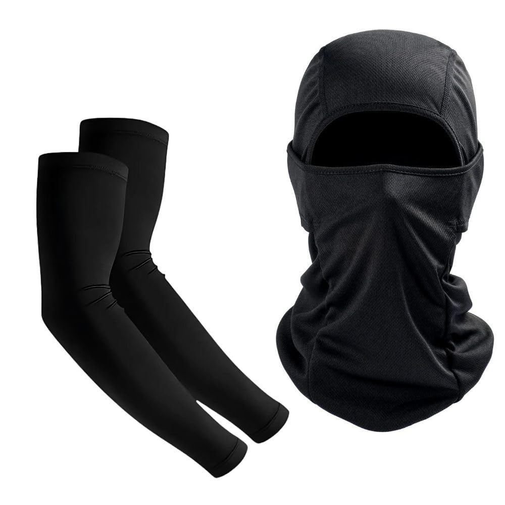 The Tie Hub Uv Protection Black Face Mask & Arm Sleeves Combo - Ice Cool Fabric, Breathable & Sweat-Wicking For Men & Women | Ou
