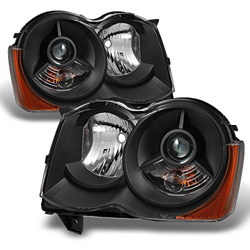AKKON - For [Black] 2008 2009 2010 Jeep Grand Cherokee Halogen Type Projector Headlight Headlamps LH + RH Pair
