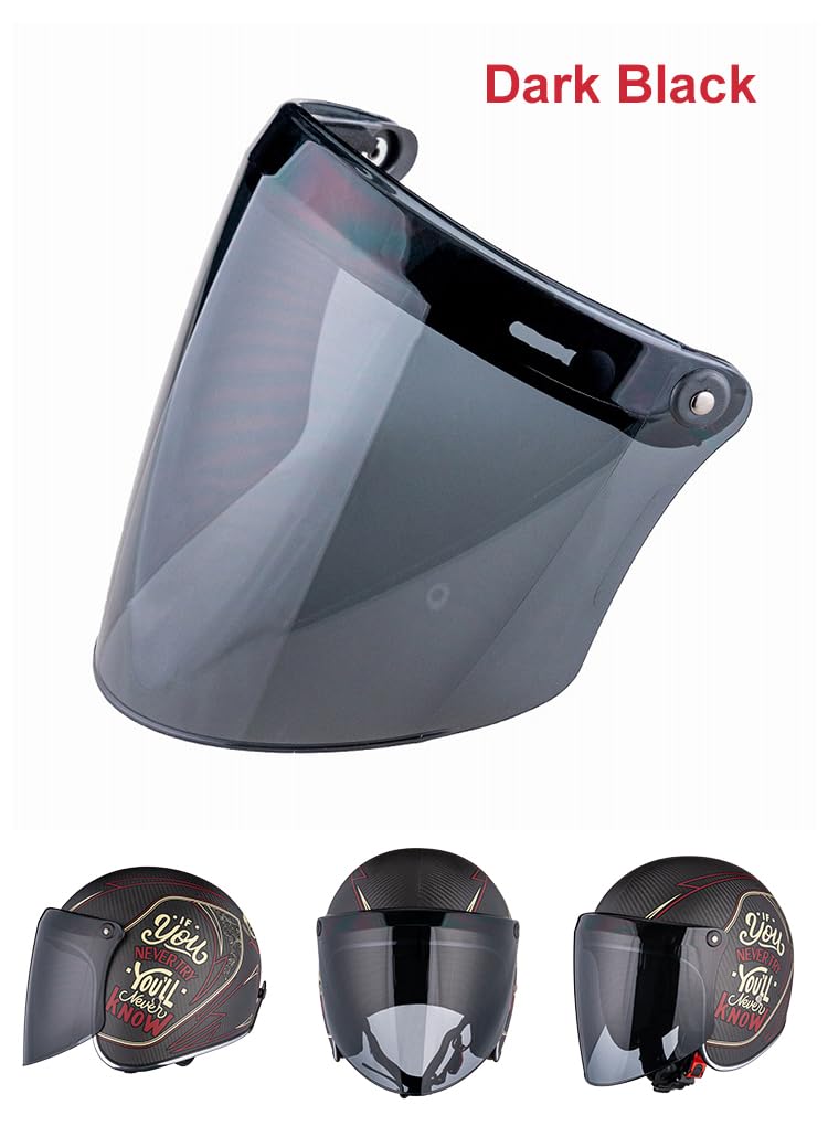 VCOROS Universal 3-Snap Flip Up Visor Shield for Retro Open Face Motorcycle Helmet - Dark Black, Free Size, Model V3