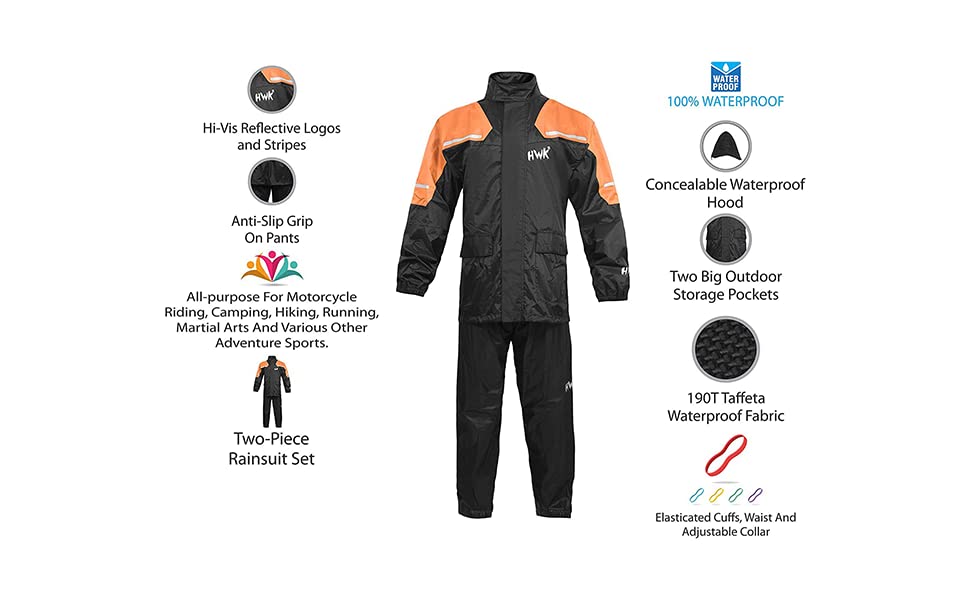 Hwk Motorcycle Rain Suit For Men And Women, Two-Piece Waterproof Motorcycle Rain Gear With Reflective Rain Jacket And Rain Pants For Weatherproof All-Season Riding, Hi-Vis Orange, X-Large
