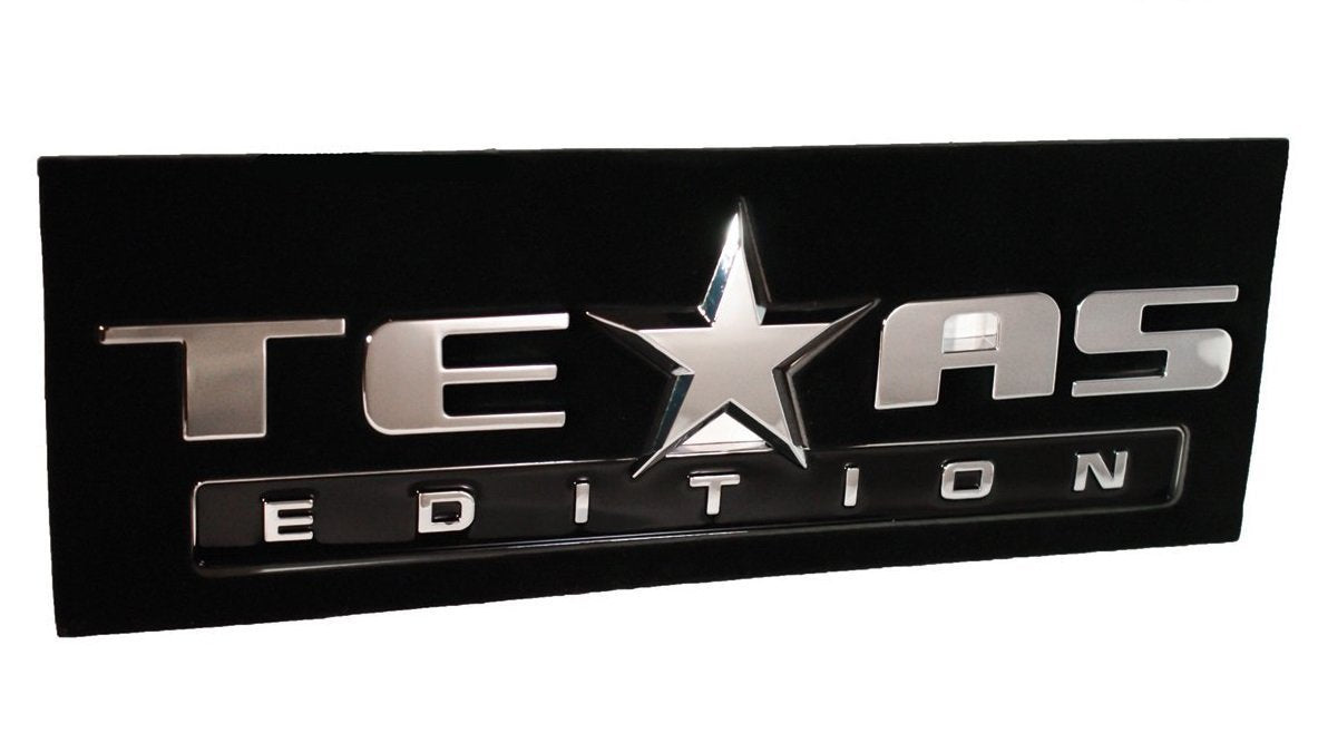 Muzzys Texas Edition 3M Stick-On Emblem Badge Set of 3 for GMC, Chevy, Ford, Dodge, Nissan - Chrome & Black Plastic