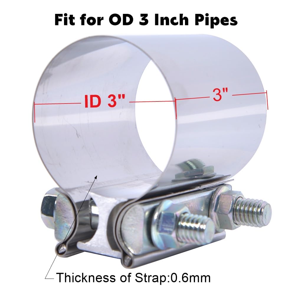 Elifecenter 3 inch Exhaust Clamps, ID 3'' Exhaust Lap Joint Butt Clamps, T304 Stainless Steel Band Clamp w/High Grade Bolts (2 P
