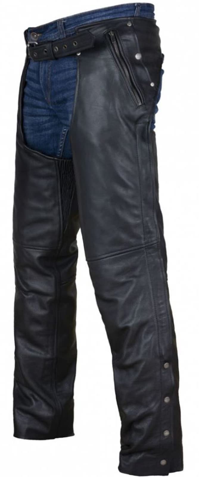 Black Motorcycle Leather Chaps For Men Women Riding With Zip Out Liner, Cowboy Biker Chap Pants With Four Deep Pockets, 4Xl