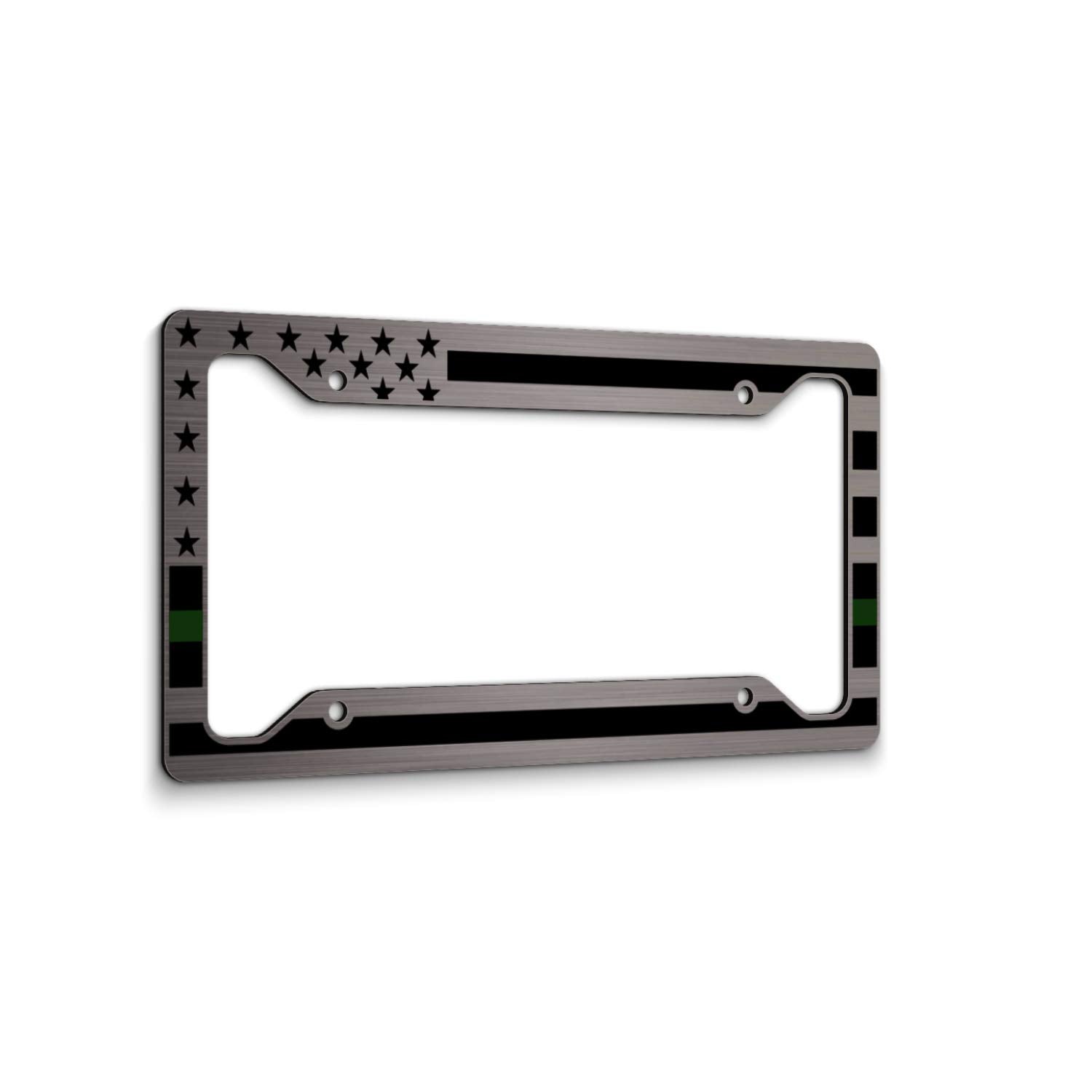 Jass Graphix American Flag License Plate Frame - Thin Green Line- Car Tag Frame -Green On Brushed Military Border Patrol Park Rangers Game Warden