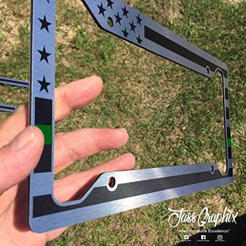 Jass Graphix American Flag License Plate Frame - Thin Green Line- Car Tag Frame -Green On Brushed Military Border Patrol Park Rangers Game Warden