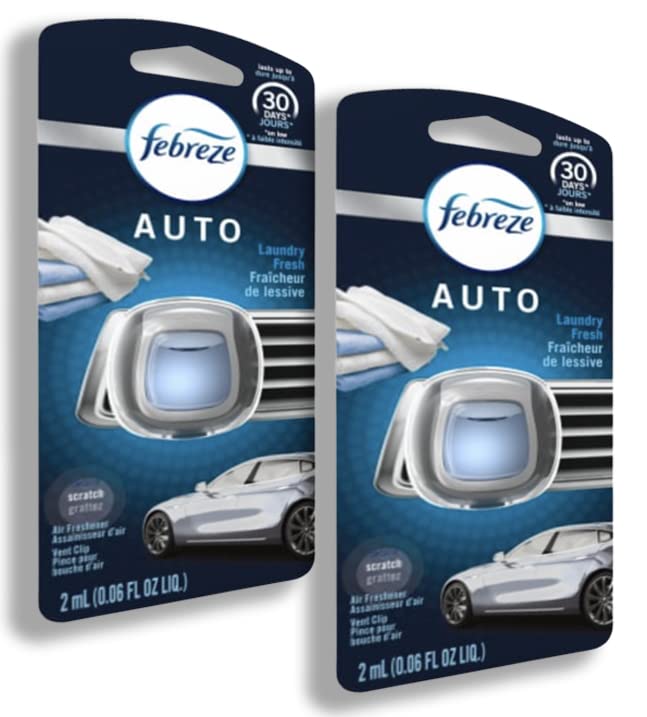 Febreze Car Vent Clip Air Freshener, Odor Eliminator For Strong Odors, Up To 30 Days Freshness, Laundry Fresh, 2 Packs
