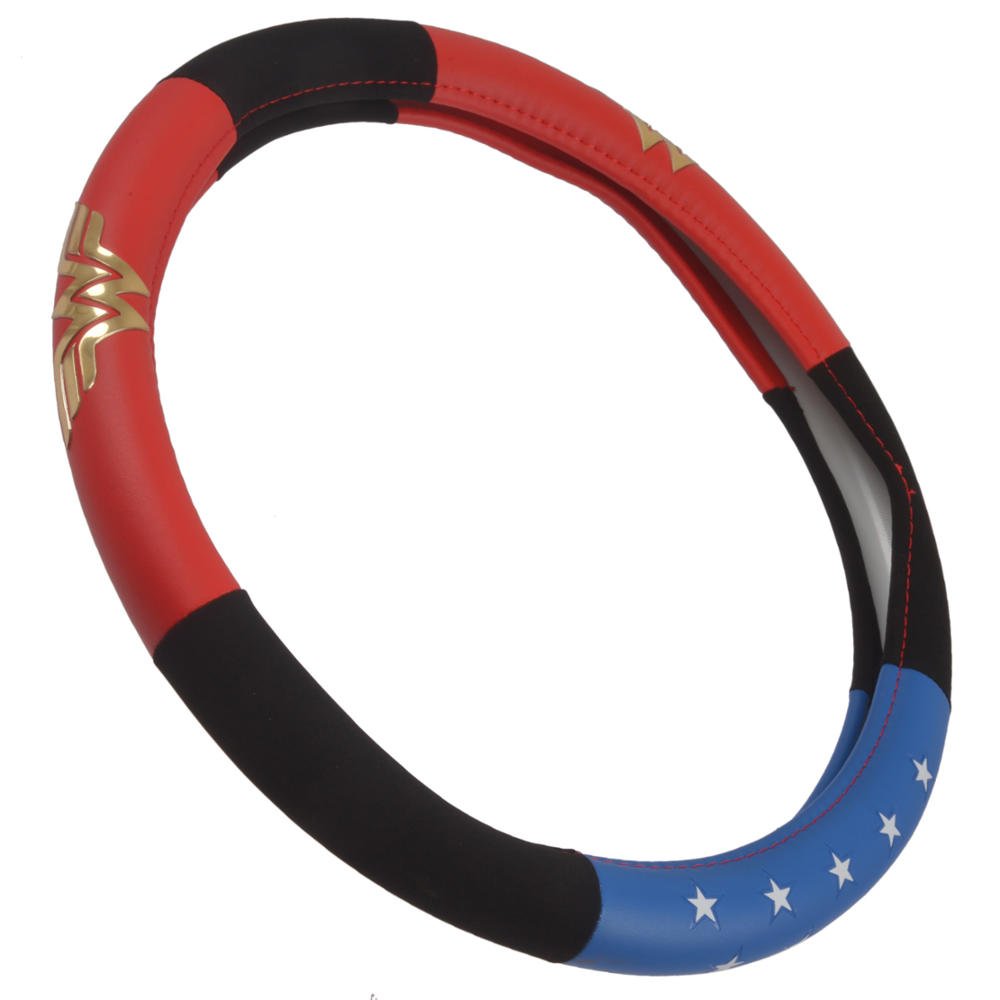 BDK Wonder Woman Steering Wheel Cover - Faux Leather, Universal Fit 14.5-15.5", Red, White, Blue, Model WBSW-1904
