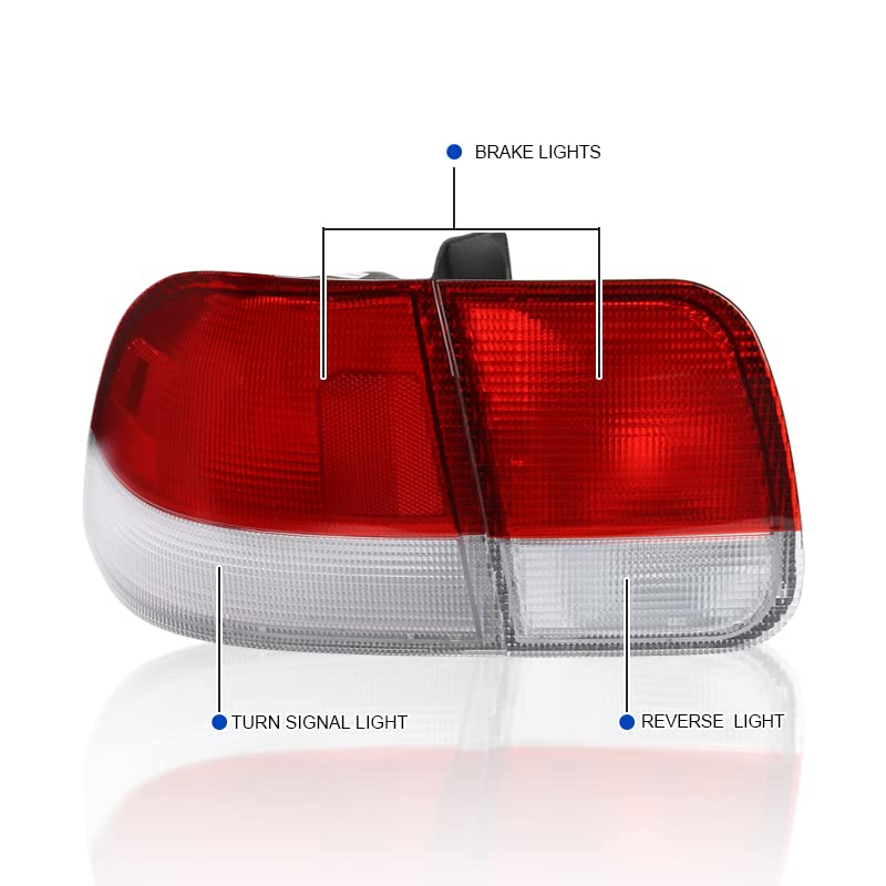 Spec-D Tuning Red Clear Lens Tail Lights Compatible With 1996-1998 Honda Civic 4-Door Sedan Left + Right Pair Assembly