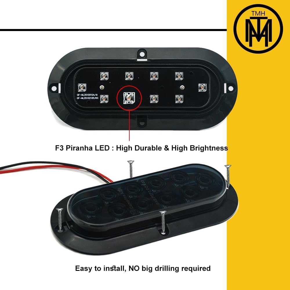 TMH 6" Oval Smoked Lens Red LED Trailer Tail Light - Waterproof, 10 LED, Surface Mount, 12V DC, 2PCS