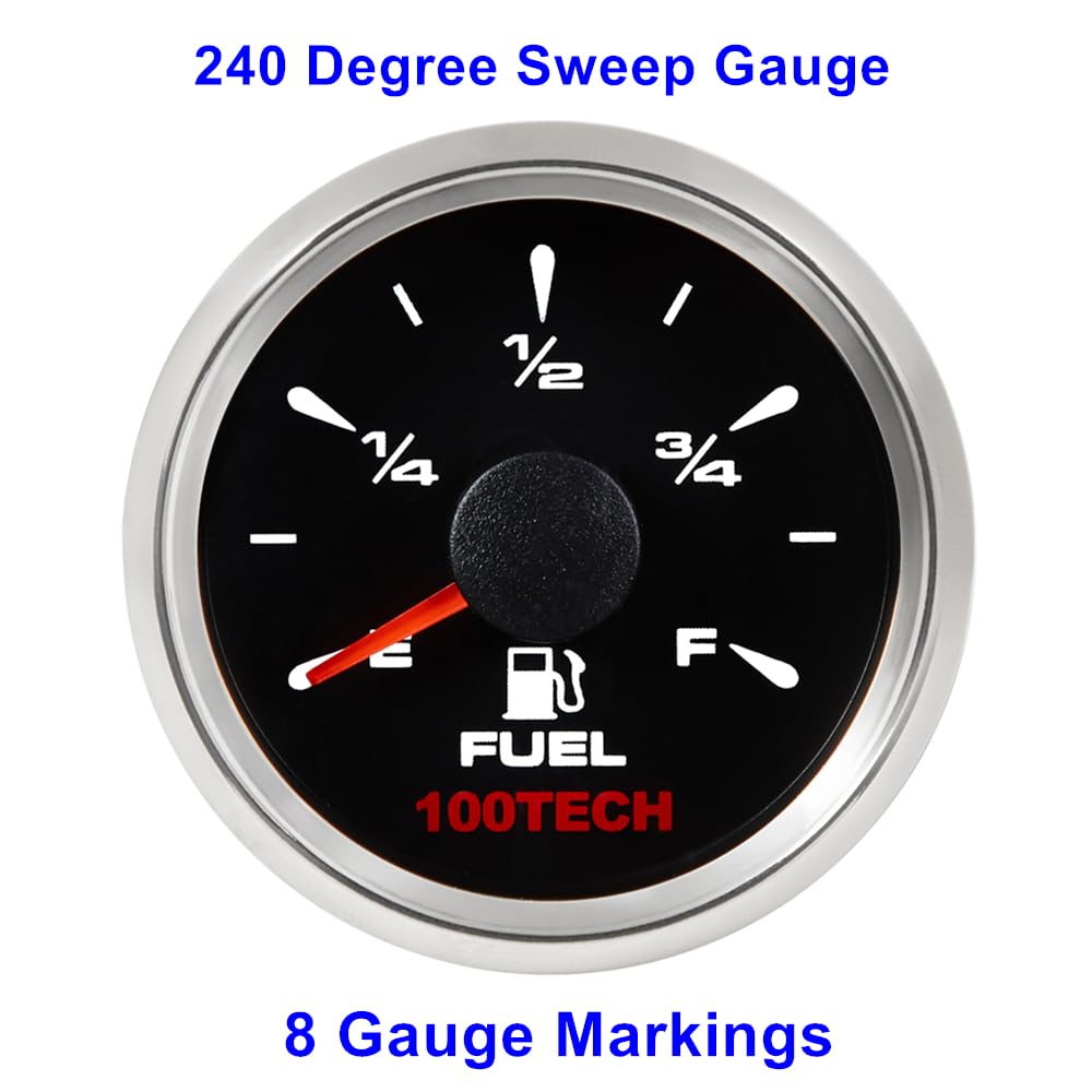 100Tech Fuel Level Gauge - 0-90 Ohm Big Sweep for Boat/Marine, 2 1/16", Stainless Steel, Black, 8 Color Backlit