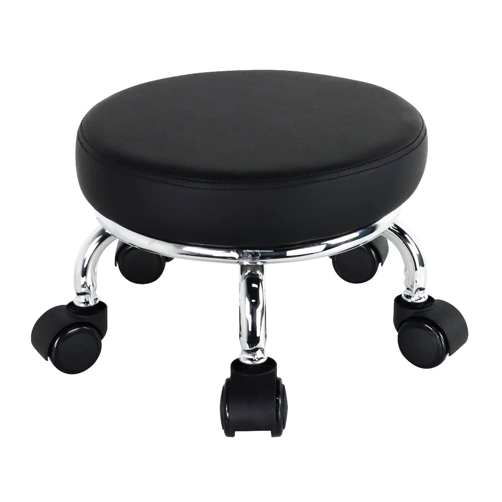 WKWKER Modern Roller Seat PU Leather Low Round Rolling Stool 360 Swivel Small Seat with Universal Wheels Foot Stool for Home Off