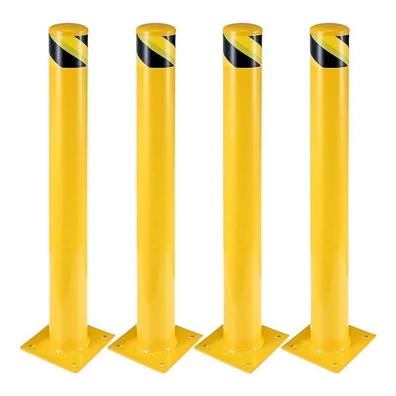 4-Pack 36 Inch Steel Safety Bollards, 4.5 Inch Diameter Parking Bollard Post with 16 Anchor Bolts, Yellow Safety Steel Bollard P