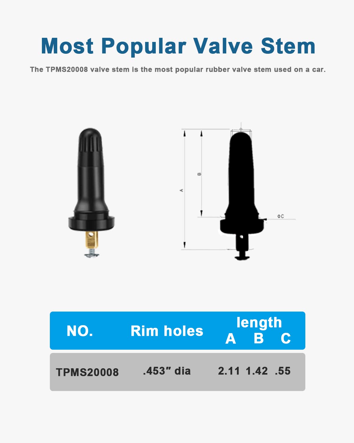 50Pcs Tpms 20008 Sensor Valve Stem Rubber Snap-In Valves, Tubeless Valve Stems 0.453 Inch Rim Holes Replacement For Standard Vehicle Tires