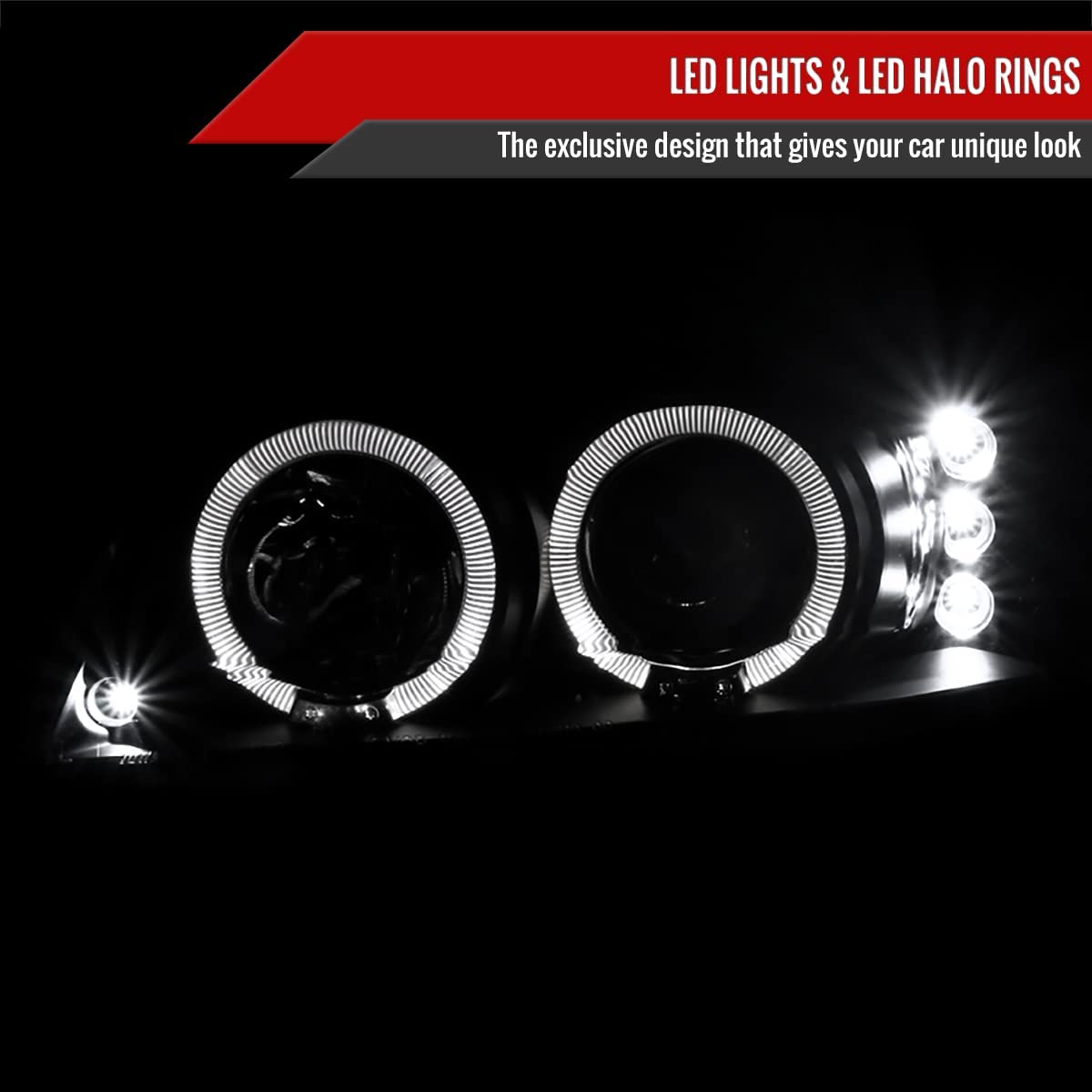 Carpartsinnovate Fits 99-04 Replacement Black Led Halo Projector Headlights Head Lamps