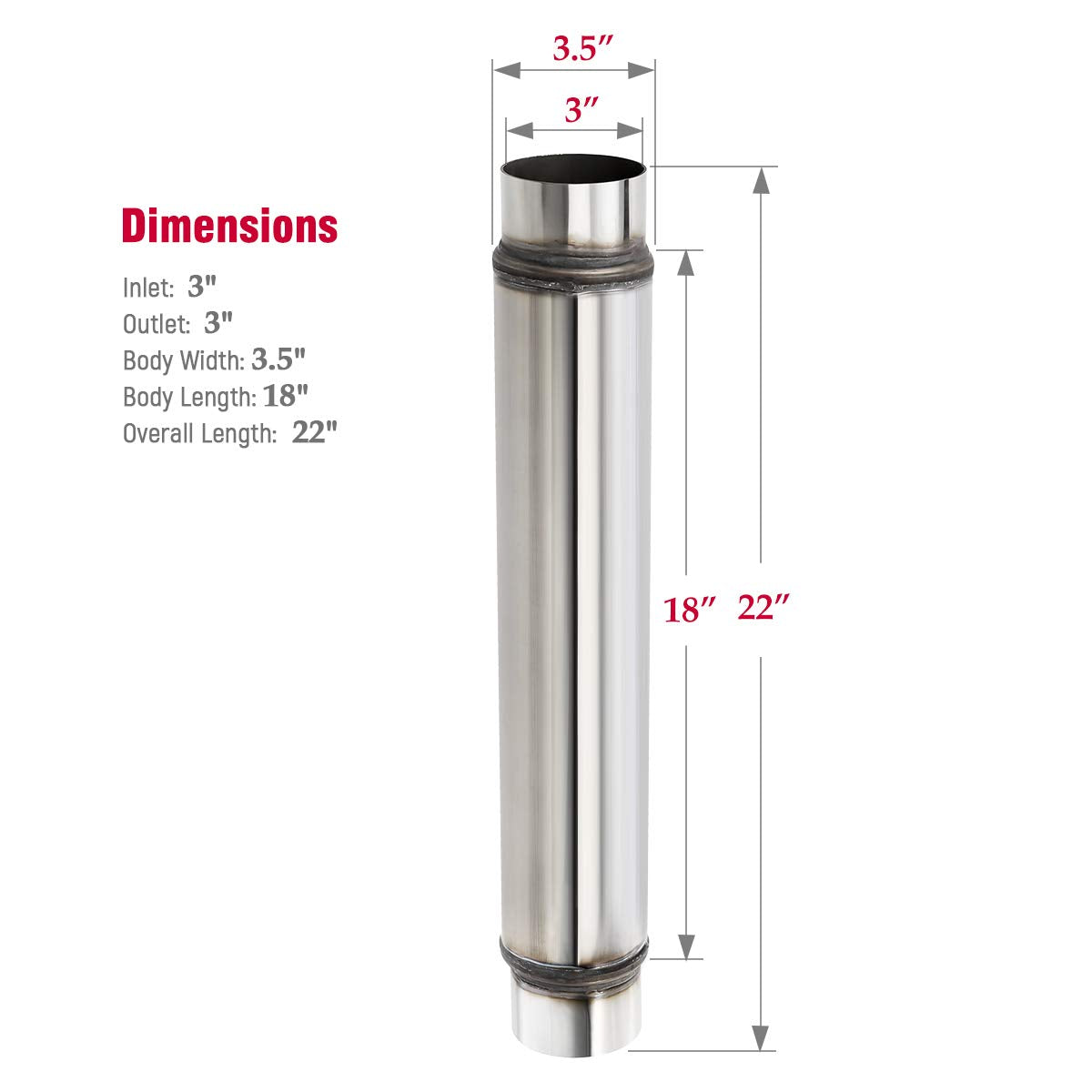Upower 3" Inlet/Outlet Exhaust Muffler Resonator - 18" Length, Universal Stainless Steel, Model 186000