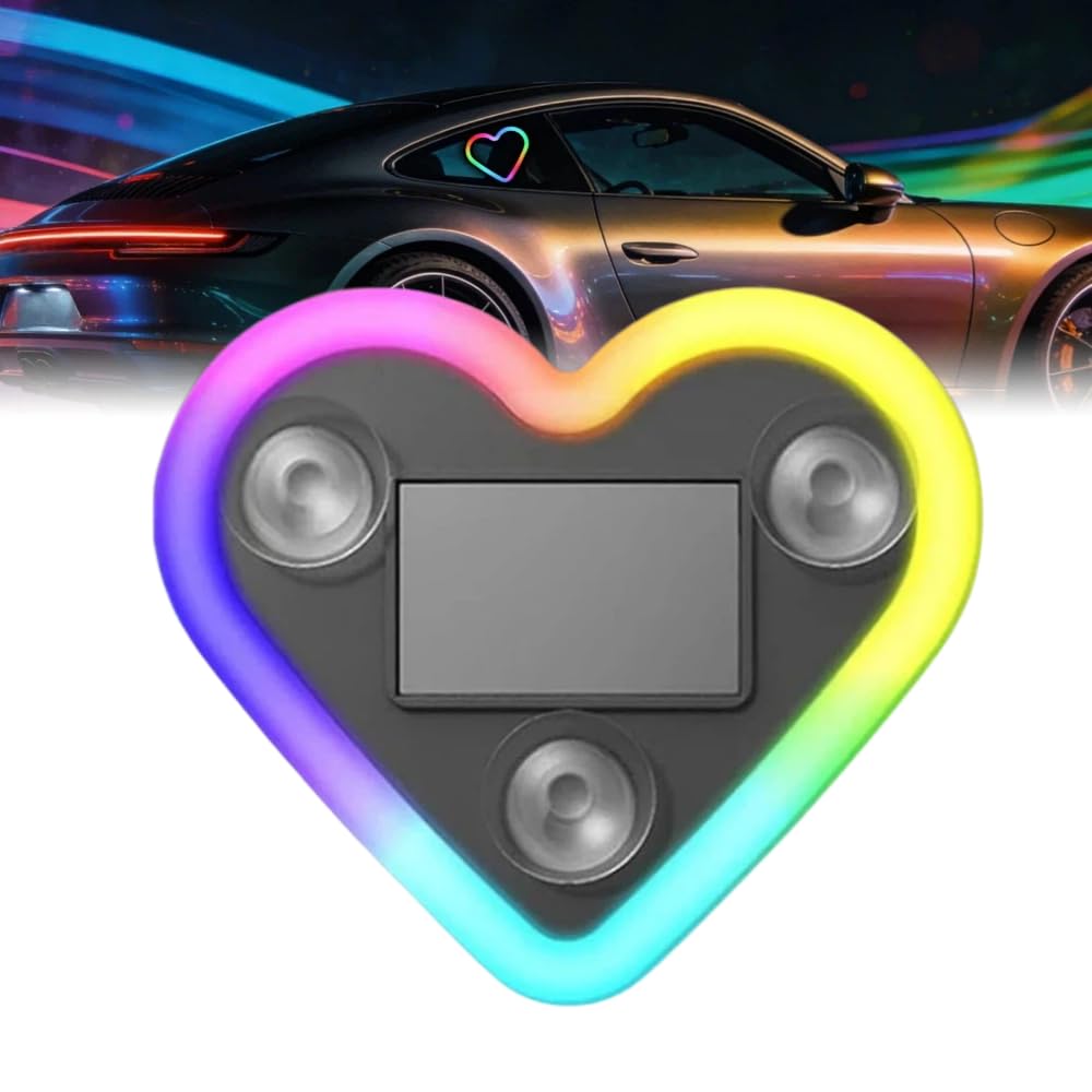Car LED Ambient Lighting - 7 Colors 8 Modes RGB Solar Powered&USB Charging Two Heart-Shaped Neon Light for Window Car Interior L