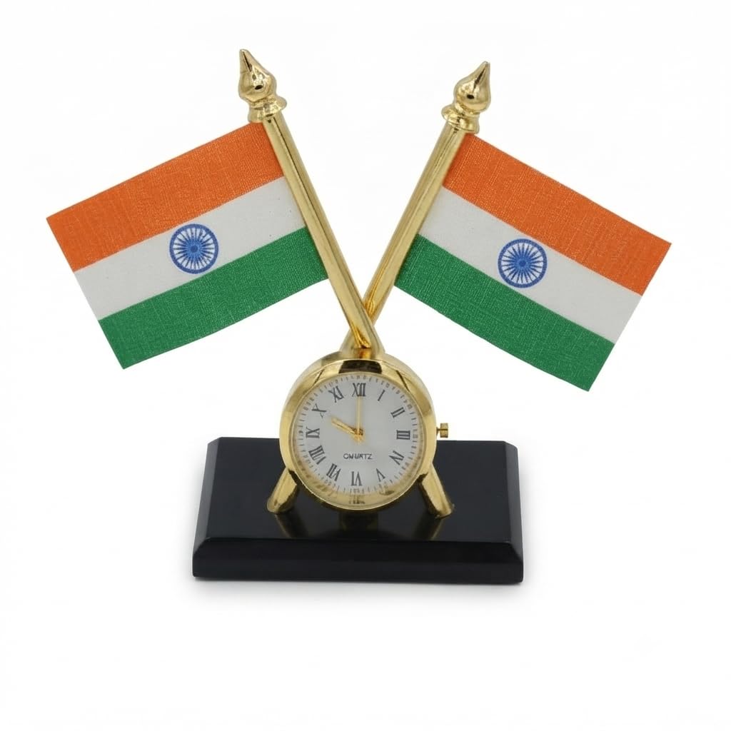 Aeroparts Bike Indian Flag With Quartz Watch On Rectangular Golden Metal Base Stand For Car Dashboard Office Gift Purpose Himala