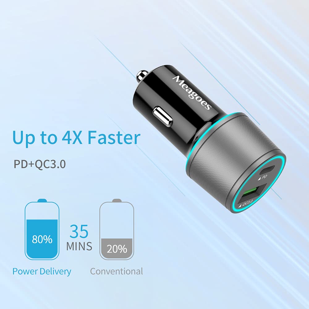 Meagoes 36W USB C Car Charger - 2-Port Fast Charging Adapter with PD & QC3.0, Compatible with Samsung Galaxy, Space Gray, Model CC003