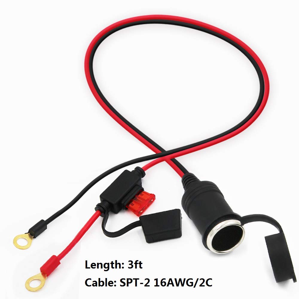 SPARKING 3FT Car Cigarette Lighter Plug Socket to Eyelet Terminals 12V Extension Cable with 10A Fuse, Copper, Model SPACKING-02