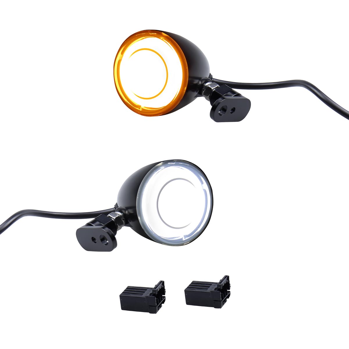 MotoParAcc Switchback Front Bullet LED Turn Signals with Relocation Kit, Motorcycle Running Lights Compatible with Harley Sports